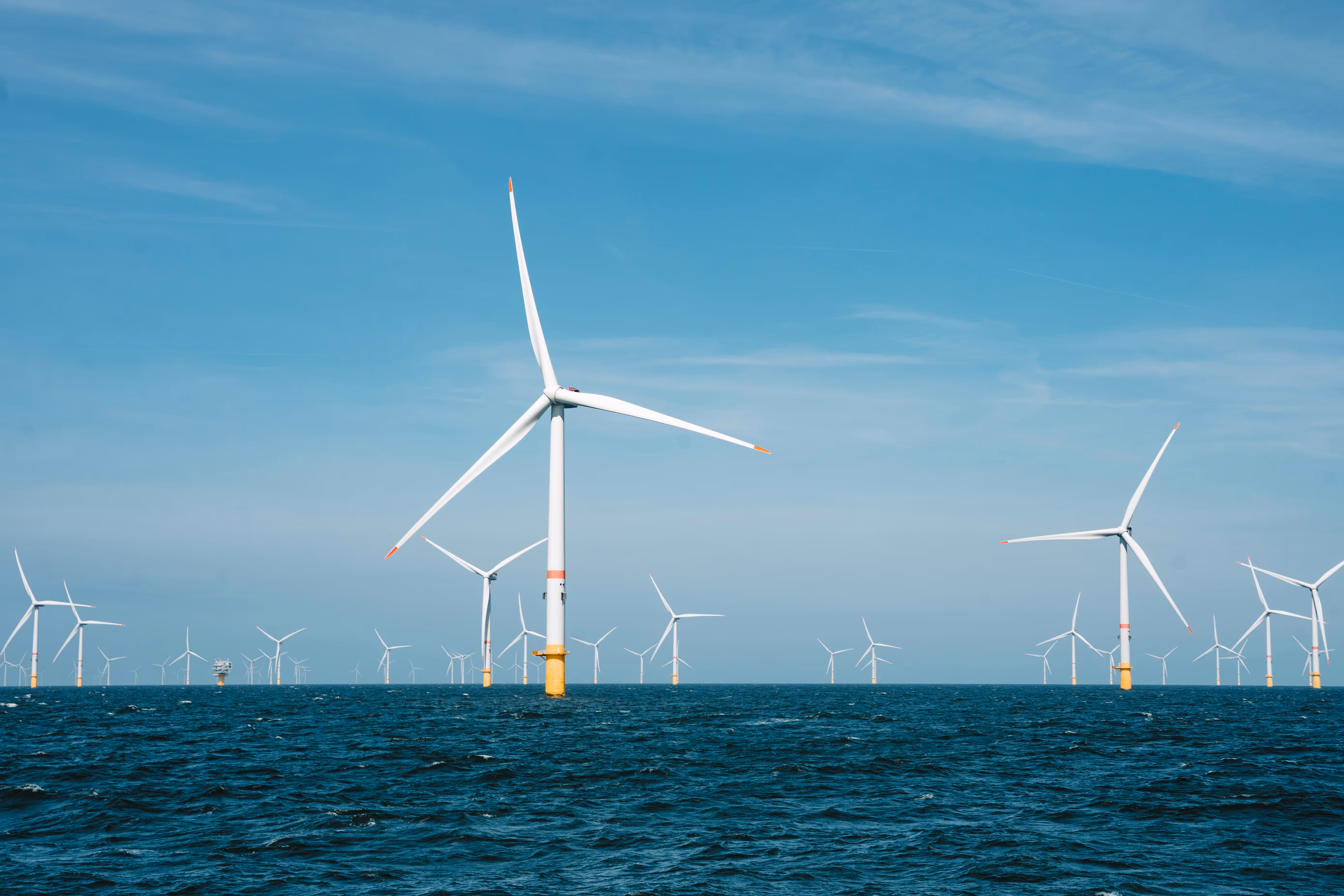 A sea dotted with multiple offshore wind turbines under a blue sky.